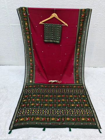 Handcrafted Mirror Work Cotton Saree - Elegant Latkan Pallu Festive Wear for Women