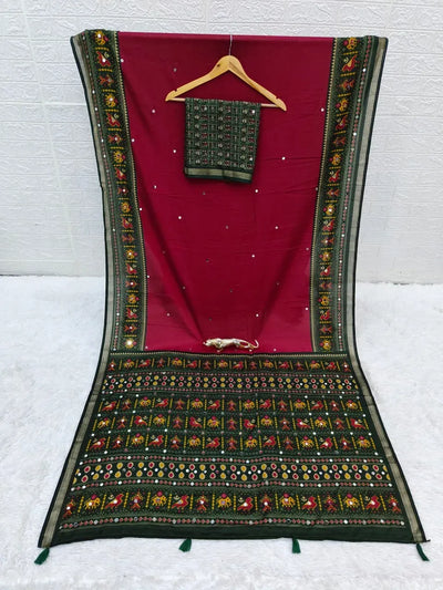 Handcrafted Mirror Work Cotton Saree - Elegant Latkan Pallu Festive Wear for Women