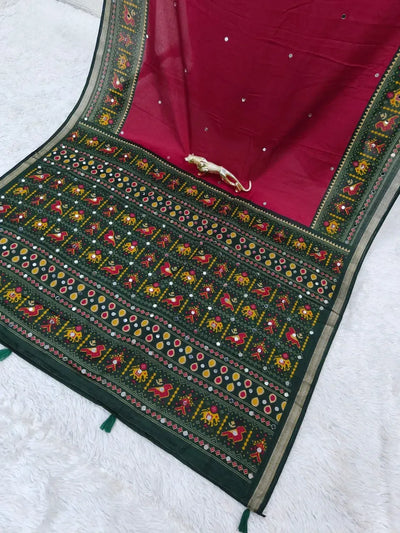 Handcrafted Mirror Work Cotton Saree - Elegant Latkan Pallu Festive Wear for Women