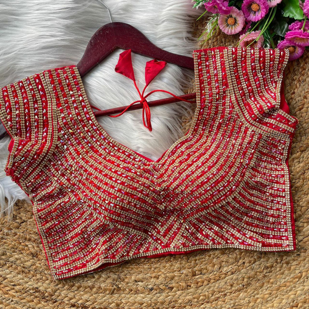 TRENDBUY Red Handcrafted Silk Blouse with Pearl and Moti Work for Women