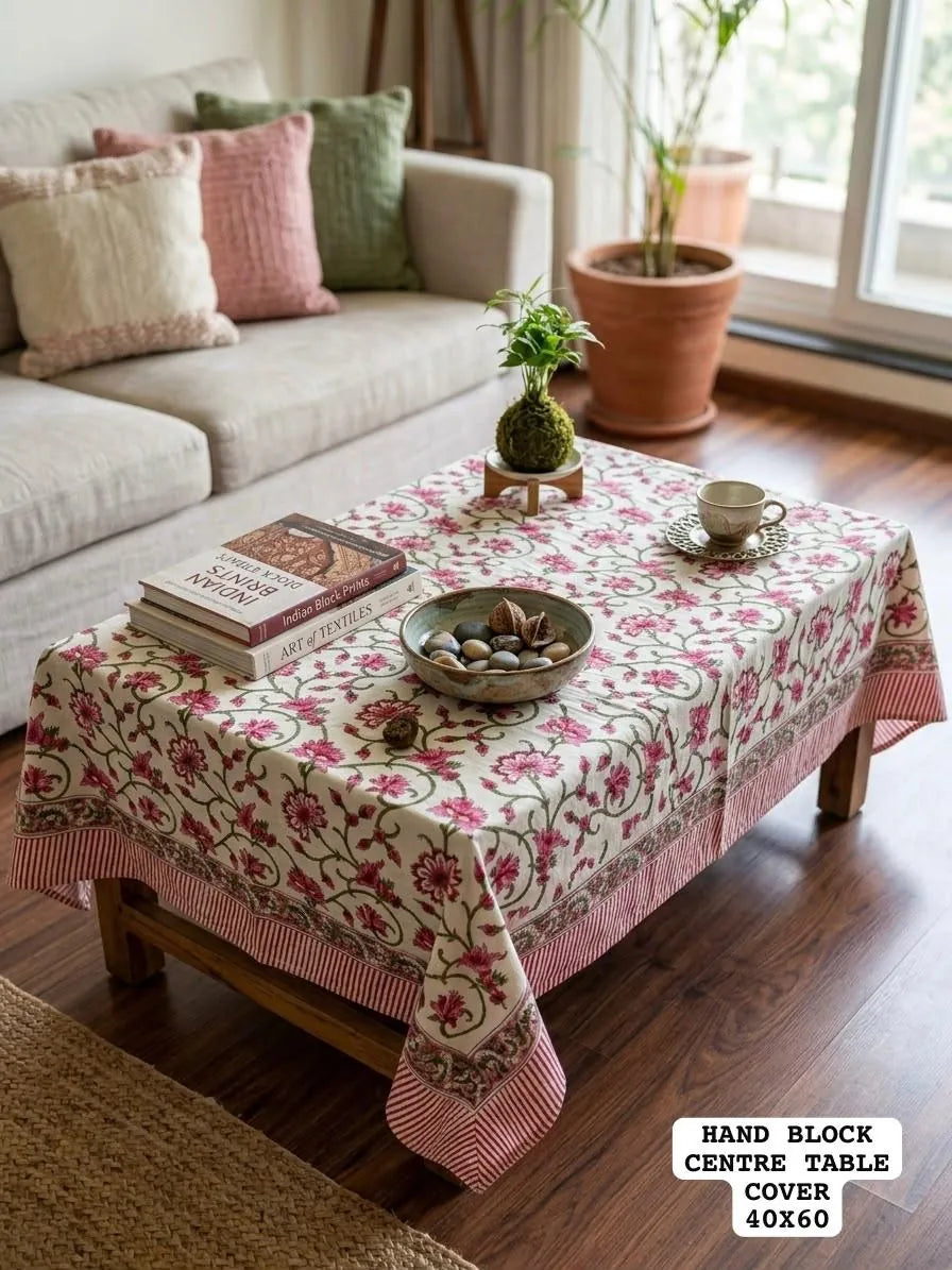 Pink floral hand block printed cotton center table cover