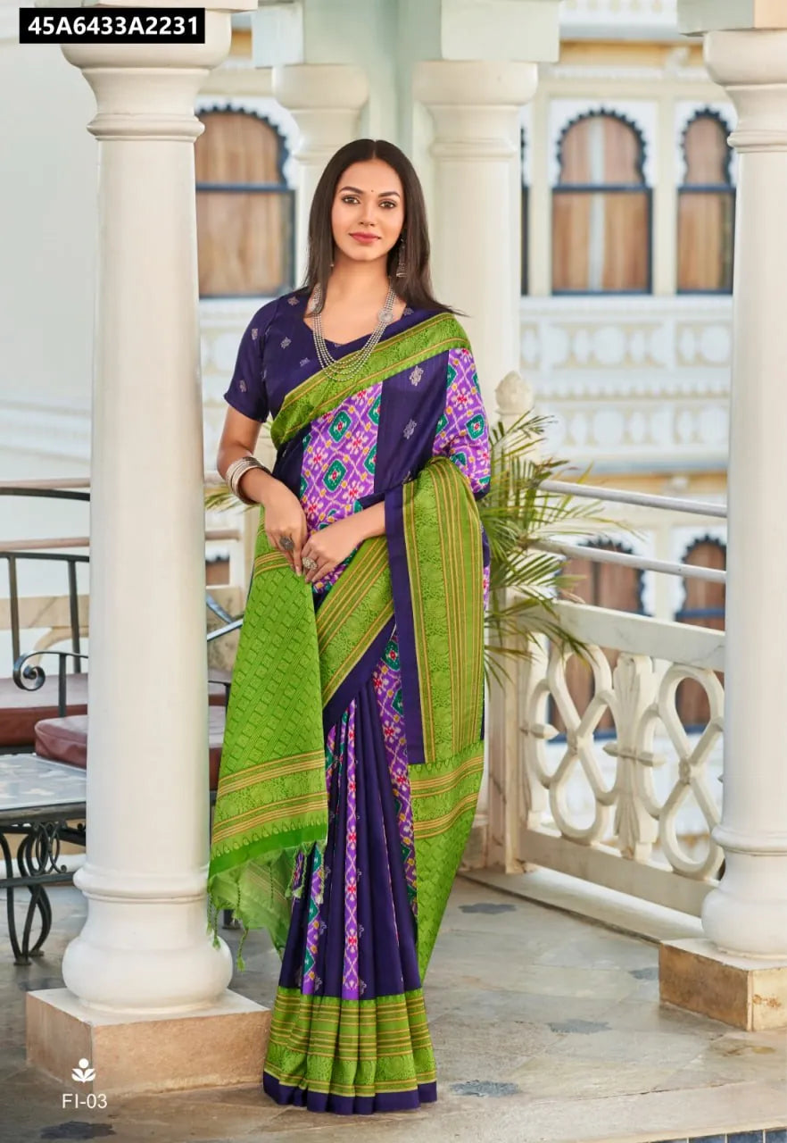 TRENDBUY Handloom Ikkat Silk Saree in Amethyst Green, front view model shot.