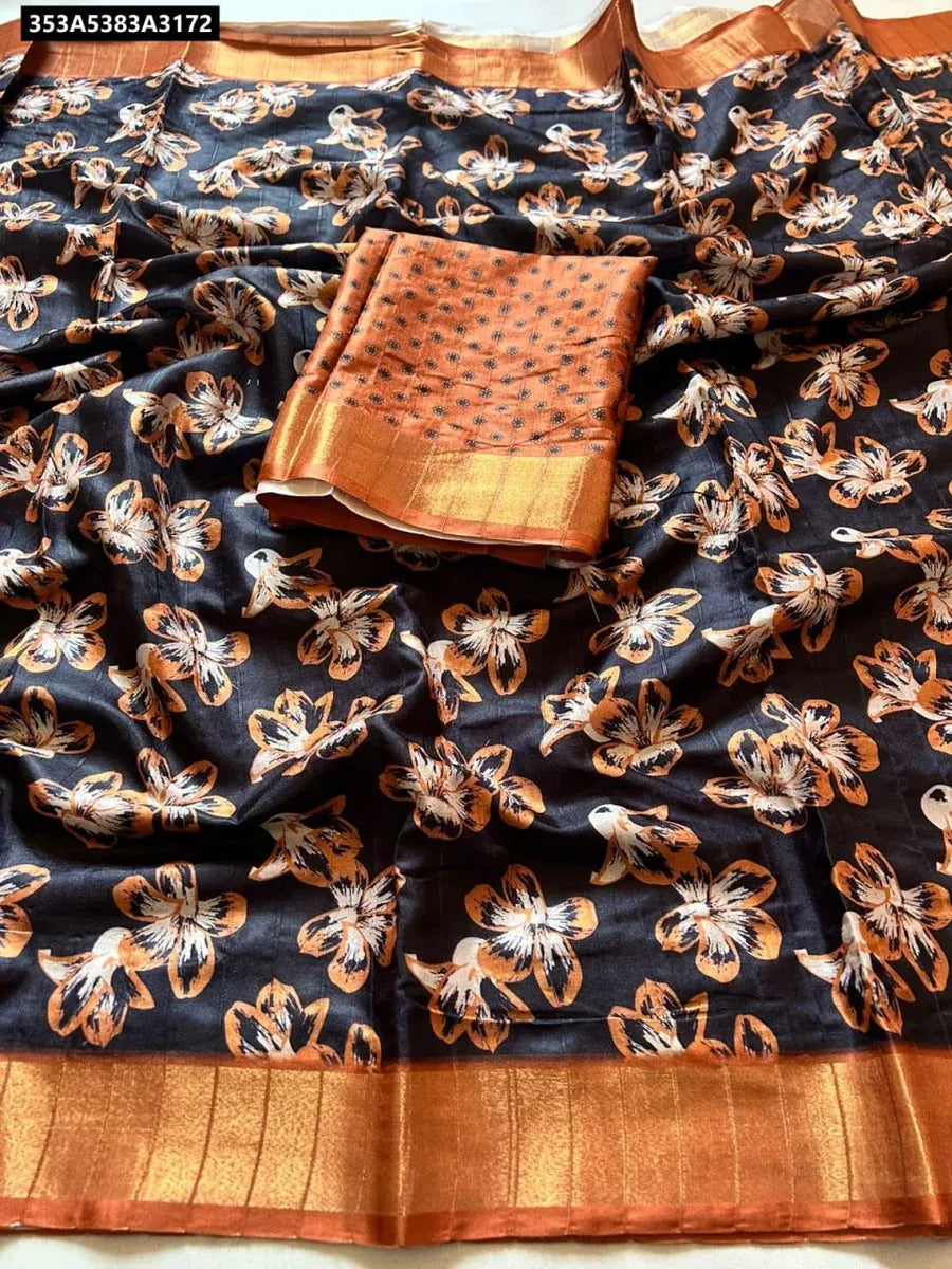 TRENDBUY Black and Orange Floral Digital Print Handloom Silk Saree with matching blouse piece, flat lay