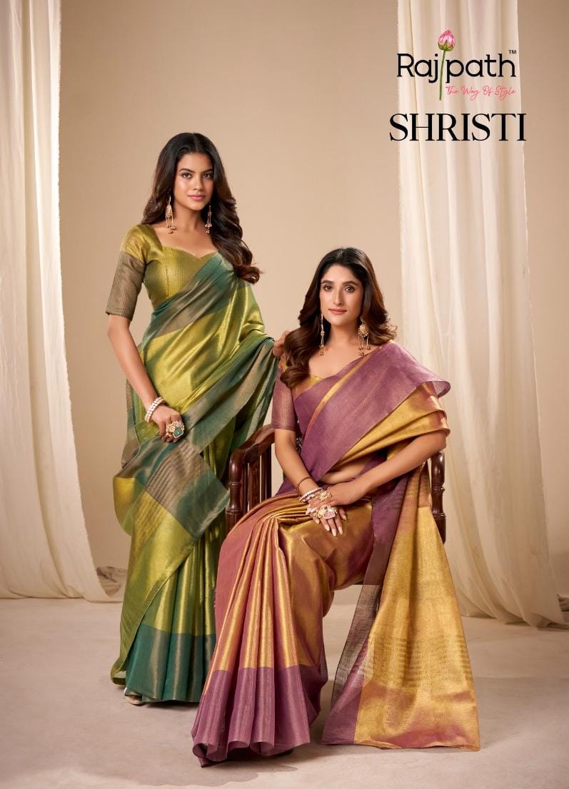 Two models showcasing TRENDBUY Handloom Tissue Soft Silk Sarees in Emerald Gold and Mauve Gold