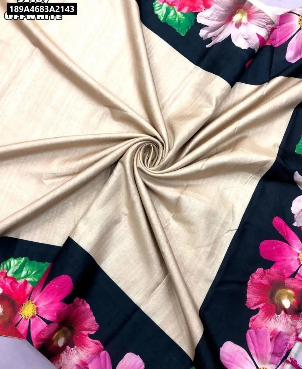 TRENDBUY Handloom Tussar Silk Saree in Off-White with Digital Floral Print, flat lay