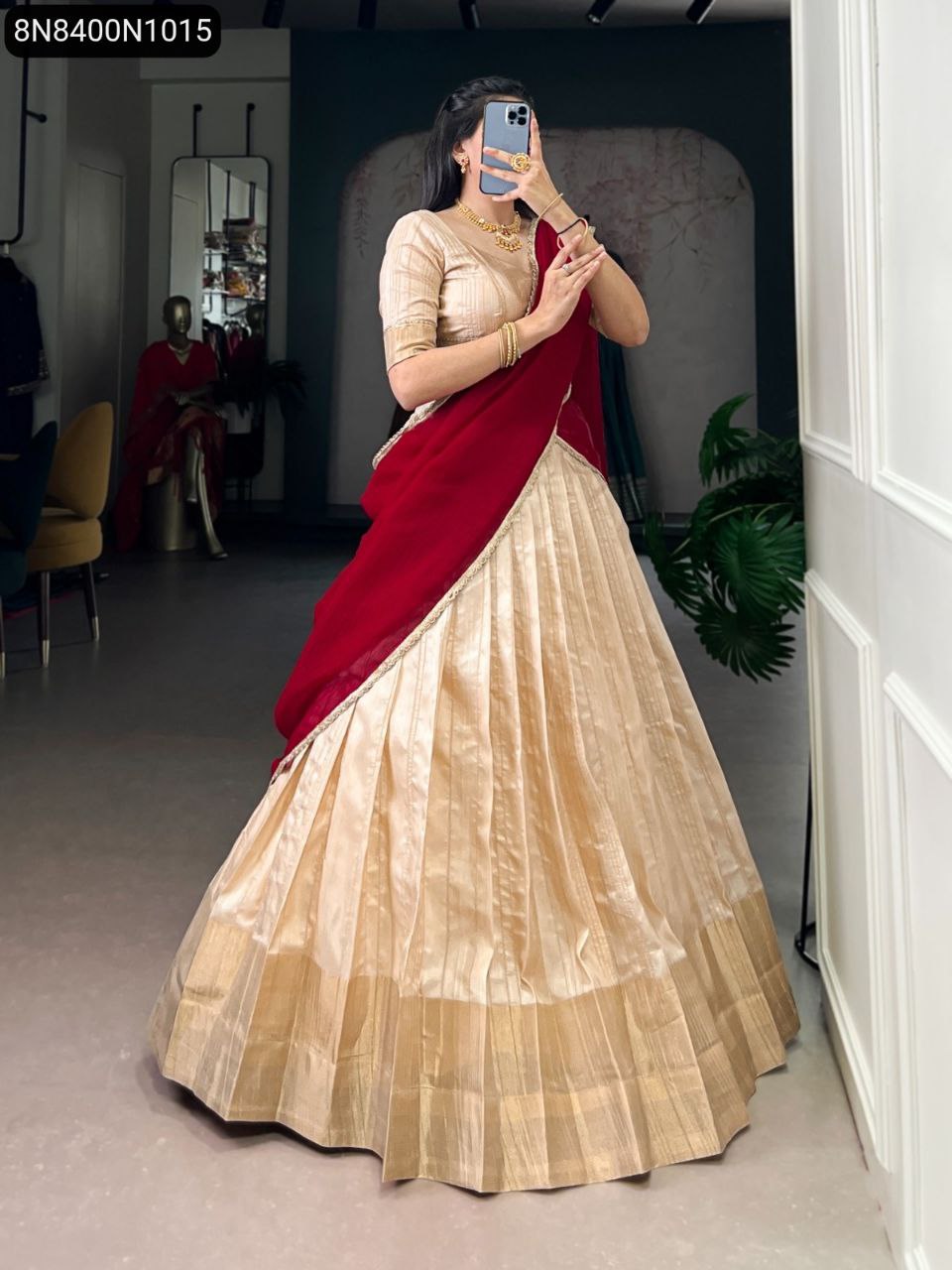 TRENDBUY Handloom Zari Waving Lehenga in Cream and Red, front full view