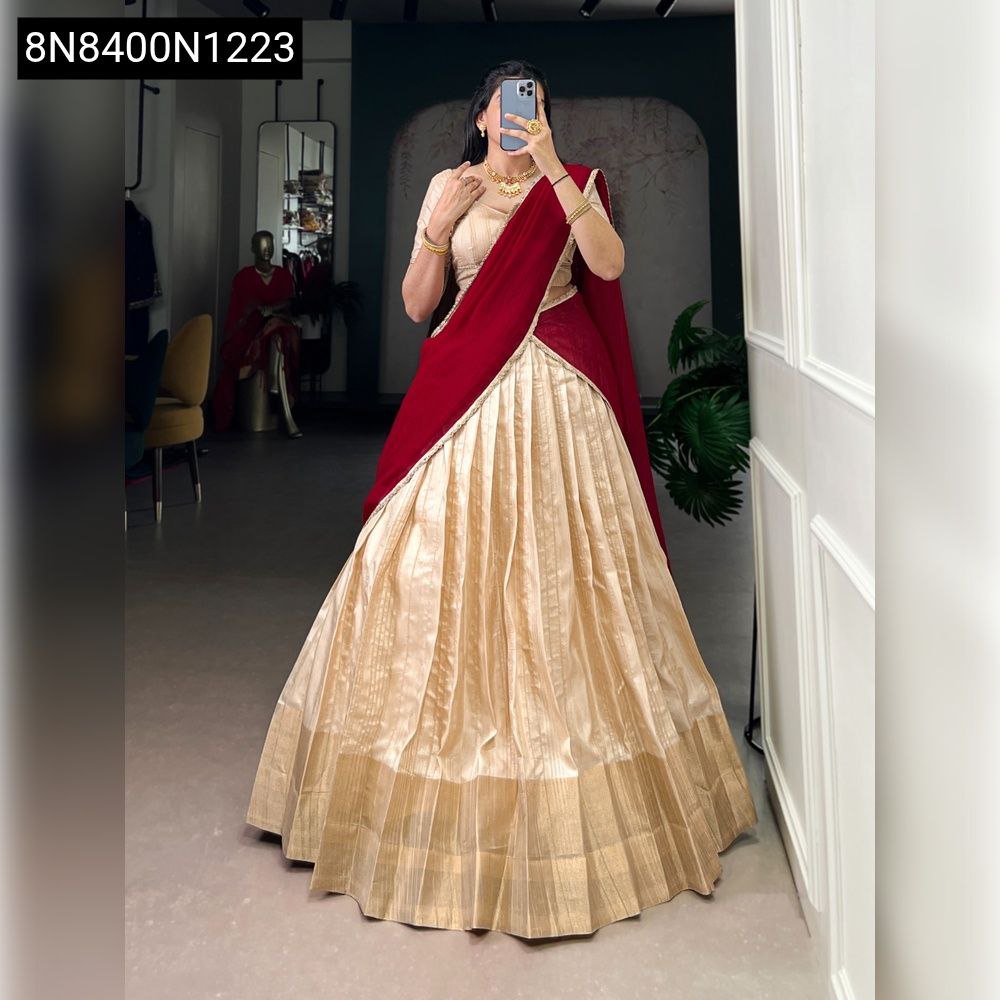 TRENDBUY Handloom Zari Woven Lehenga in Cream and Maroon, front view