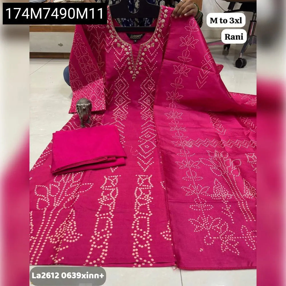 TRENDBUY Rani Pink Bandhani Print Assam Silk Kurti Set with Handwork
