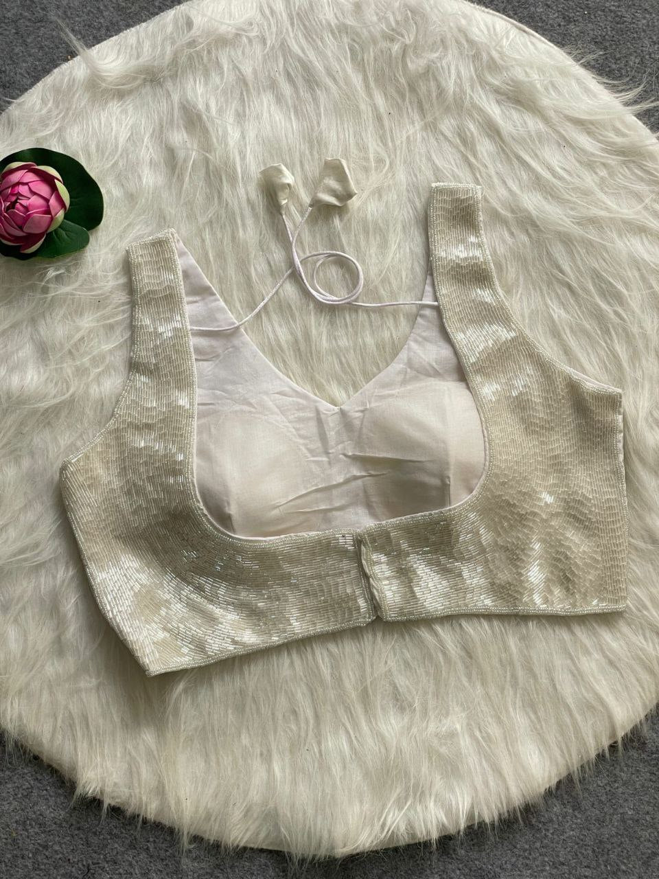 TRENDBUY Handwork Blouse in White/Silver with Pipe Moti detailing, back hook closure.