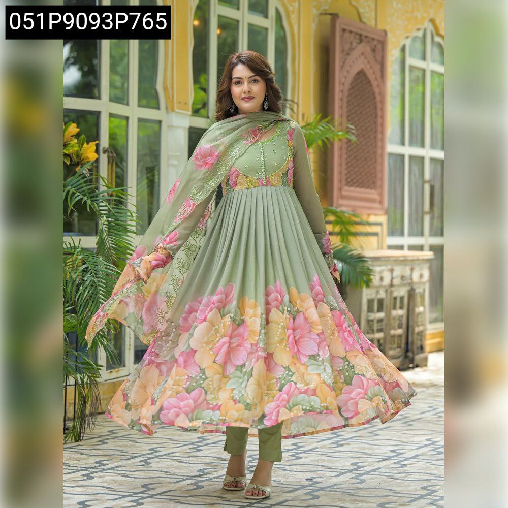 Women's Sage Green Georgette Gown Set with Handwork and Floral Dupatta Model Pose
