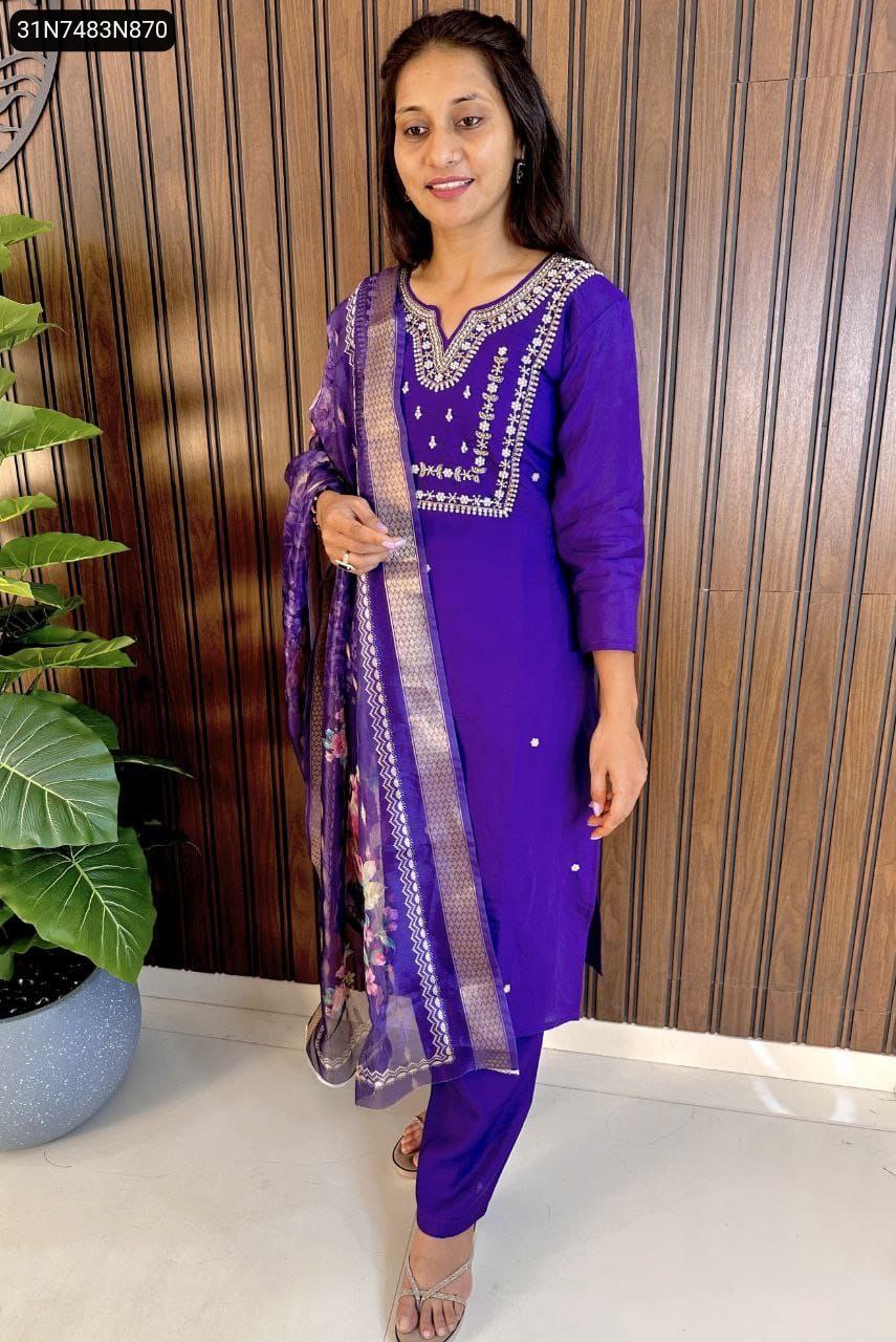 Women's Handwork Embroidered Kurti Pant Suit in Lavender, full body view.