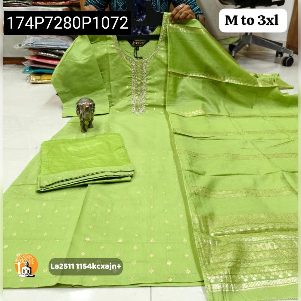 Light Green Handwork Kurti Pant Dupatta Set with intricate embroidery, full view
