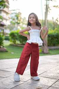 Girls Hawai Smocked Crop Top & Pleated Pants - Maroon | TRENDBUY