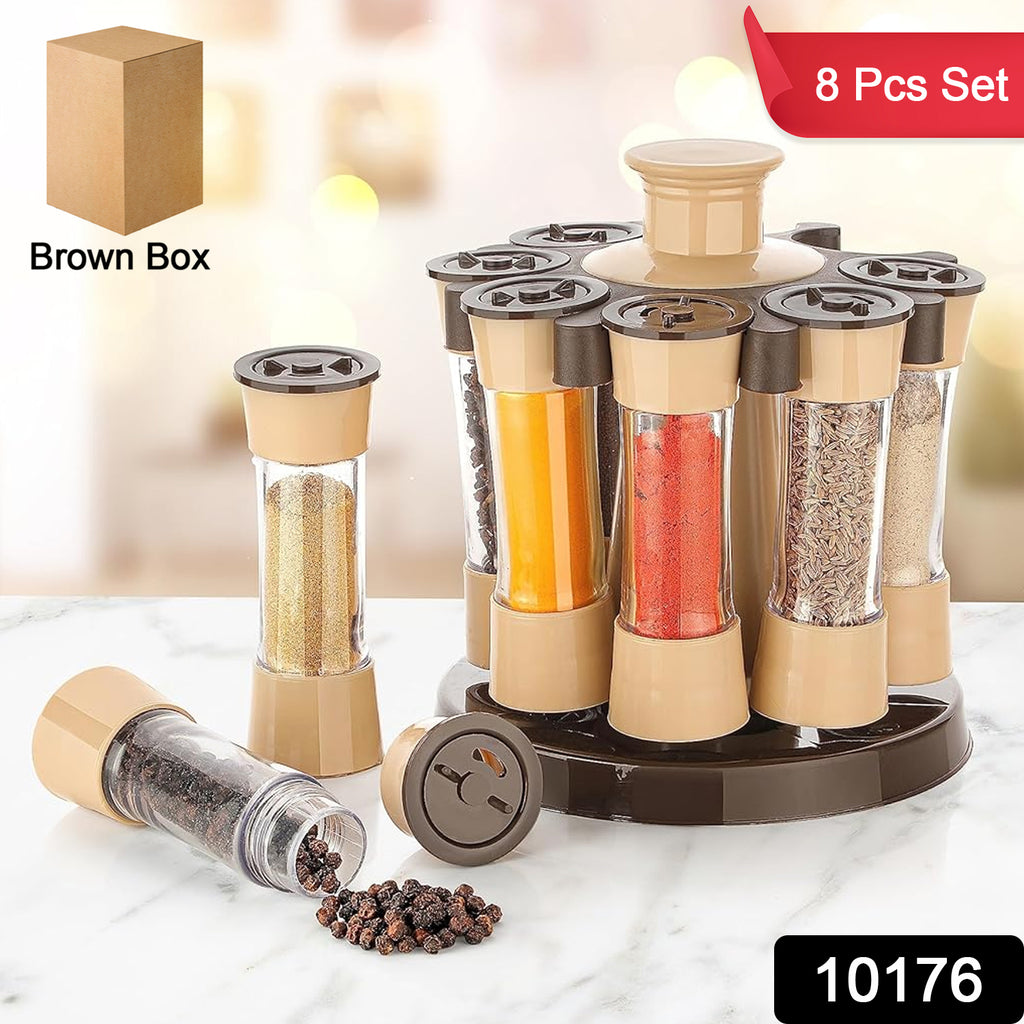 360 revolving spice rack with 8 filled spice jars for kitchen and dining table