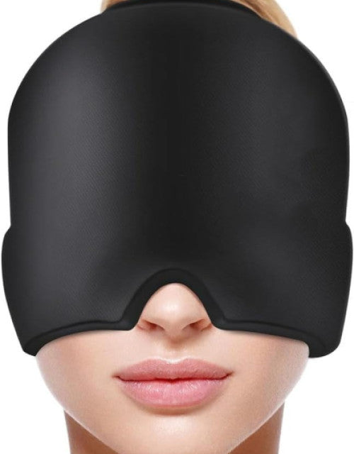 Dark blue ice gel migraine relief hat worn over eyes for headache & puffy eyes cold therapy.