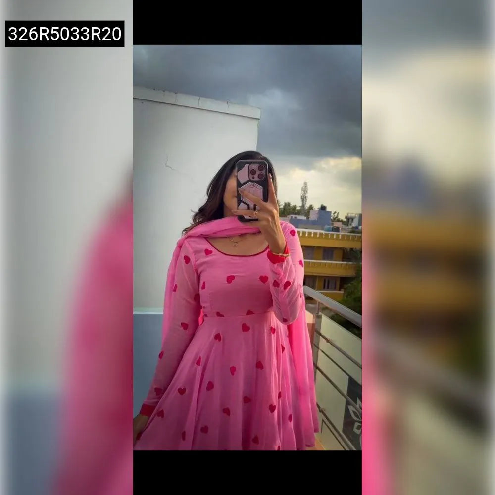 TRENDBUY Pink Heart Anarkali Gown for Women with Duppatta - Full View