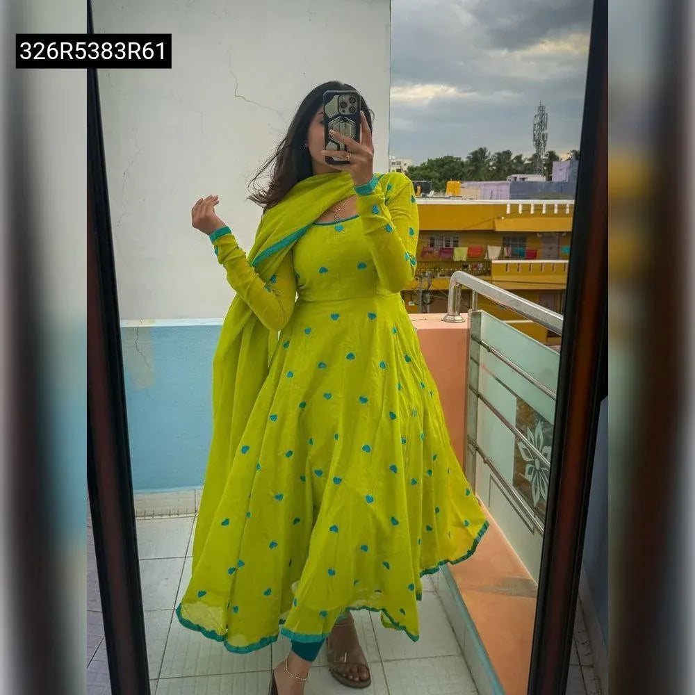 TRENDBUY neon georgette anarkali gown with blue heart embroidery, full body model mirror selfie