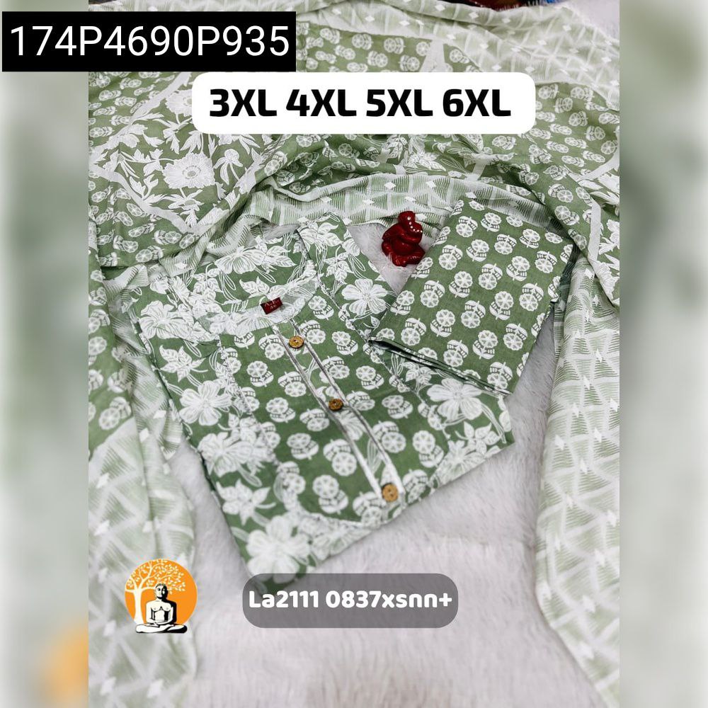 Olive Green Heavy Cotton Kurti Pant Set with Dupatta - Floral Print
