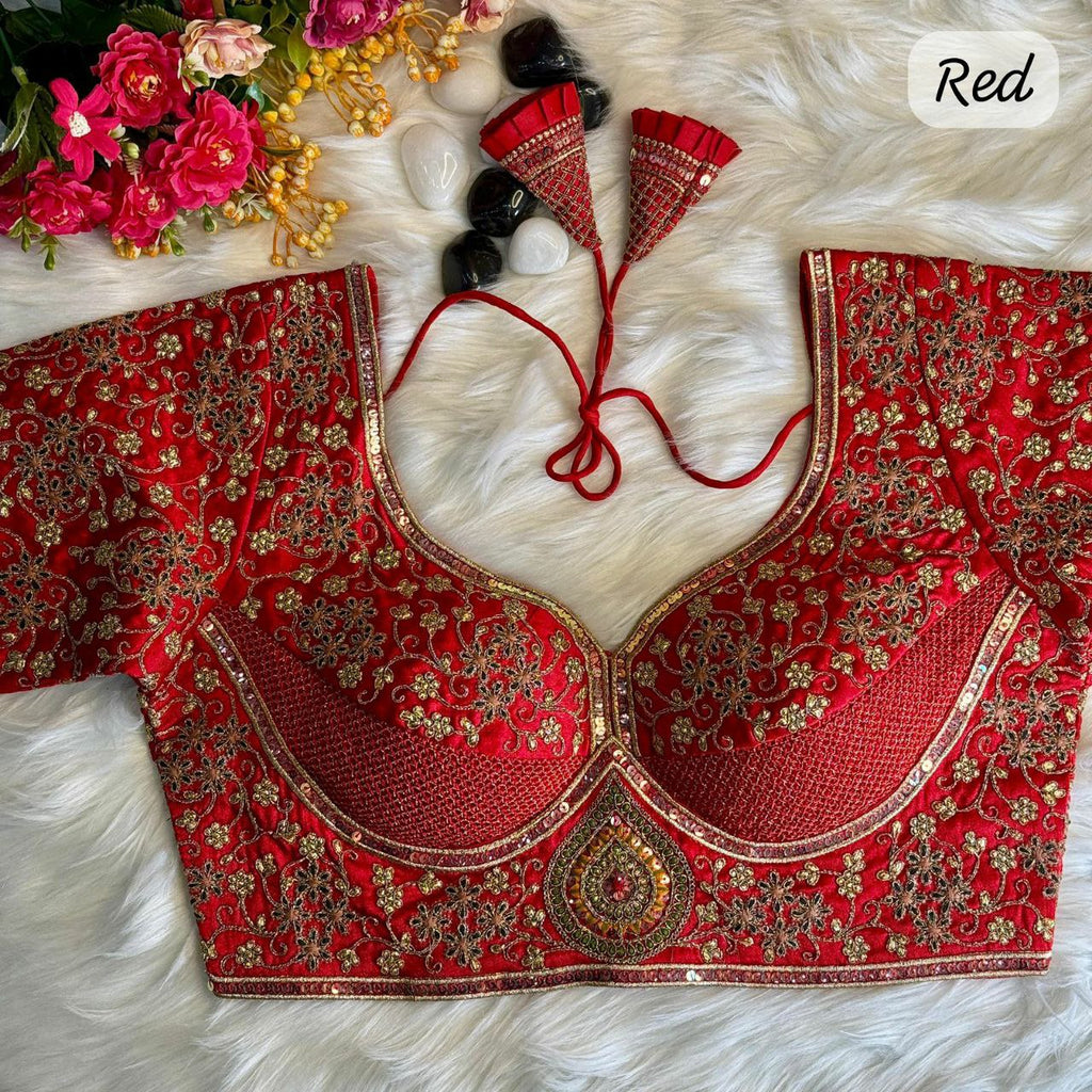 Red Heavy Embroidered Bridal Blouse with Latkans