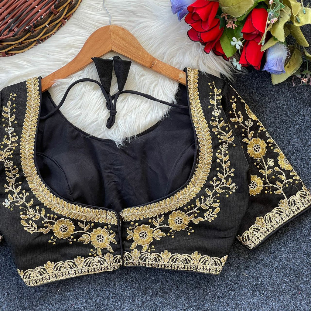 TRENDBUY Heavy Embroidered Bridal Blouse in Classic Black Milan Silk, Front Open Design