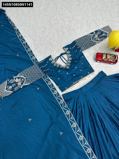 Premium Teal Blue Crep Silk Heavy Embroidered Lehenga Choli Set for Festive Weddings