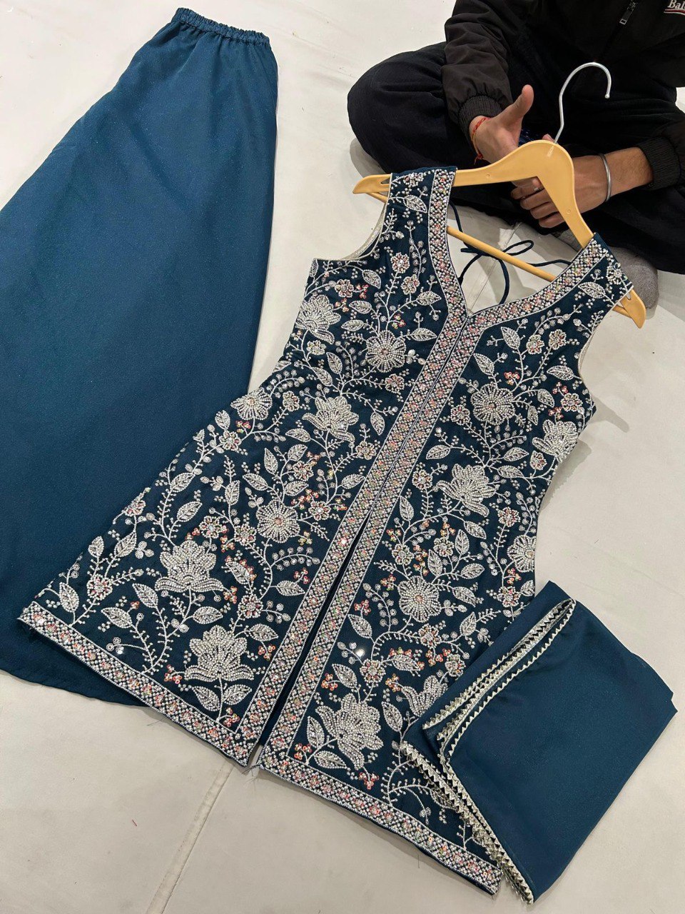 Heavy embroidered teal blue georgette plazo suit set for women TRENDBUY