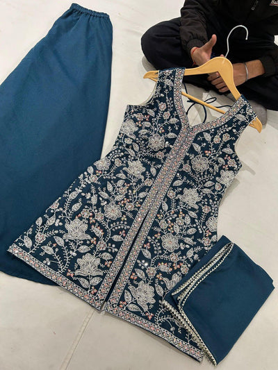 Heavy Embroidered Georgette Plazo Suit Set for Women | Festive Wear