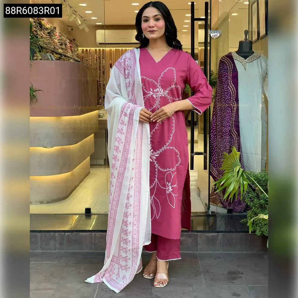 TRENDBUY Magenta Viscose Chinon Kurti Suit Set with floral embroidery and white dupatta, model front view