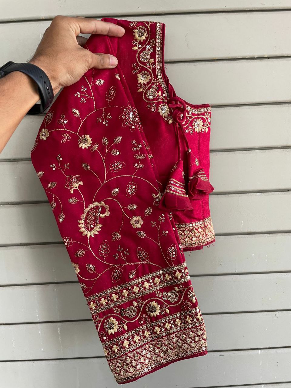 TRENDBUY Heavy Embroidery Bridal Blouse in Red Milan Silk with long sleeves and latkans