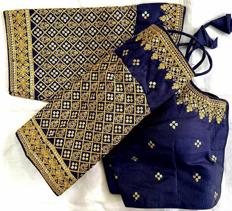 TRENDBUY Navy Blue Heavy Italian Silk Blouse with Gold Embroidery