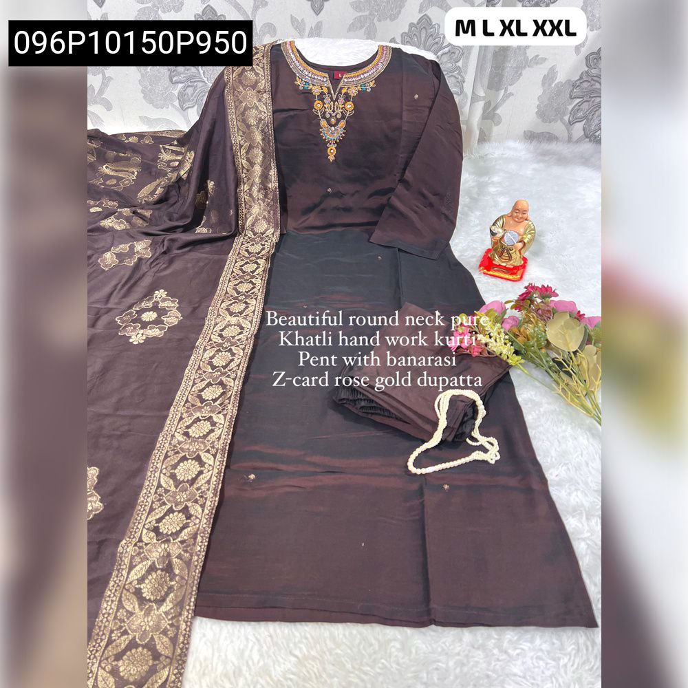Full view of a Rich Brown Cashmere Silk Salwar Suit Set with intricate embroidered neck, matching pant, and a Banarasi pattern Z-Card Rose Gold Dupatta.