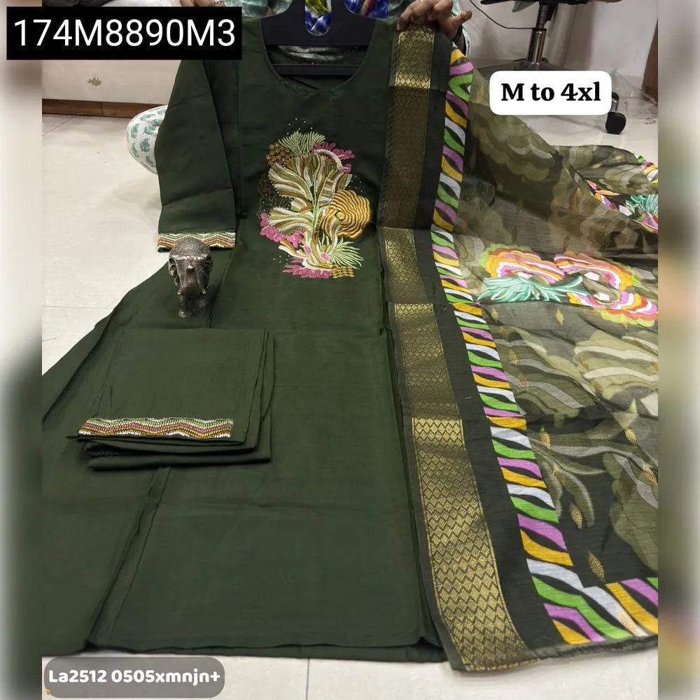 TRENDBUY Heavy Maslin Lakhnavi Work Kurti Set in Olive Green, flat lay with embroidery detail