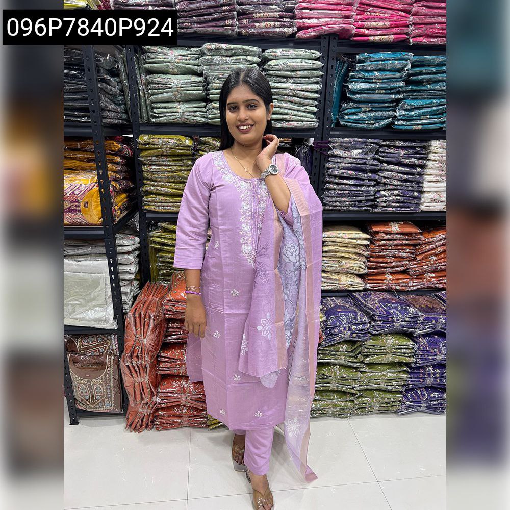Model wearing Lavender Heavy Muslin Blend Straight-cut Kurti Set with Thread Moti Work and Digital Print Dupatta