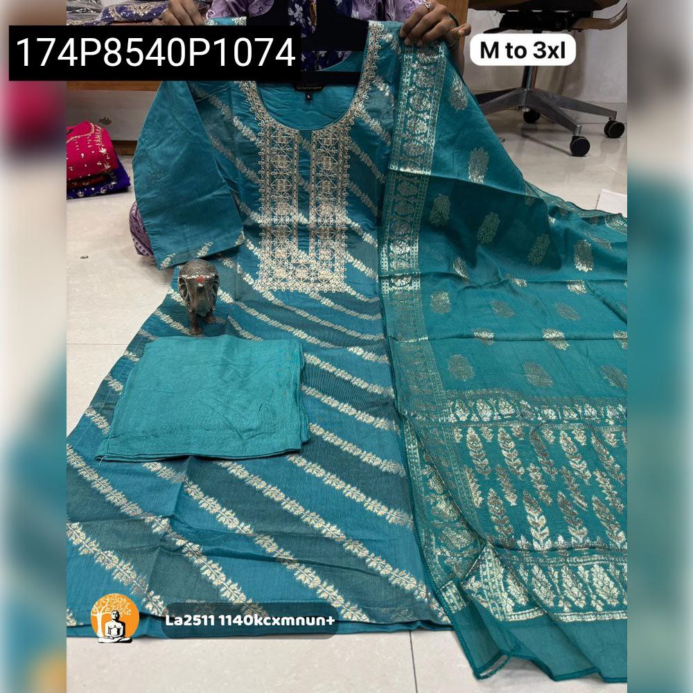 Teal Blue Heavy Simar Maslin Kurti Set with detailed embroidery and matching pant and dupatta