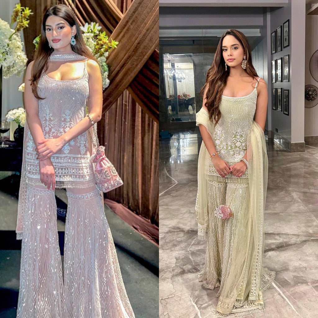 Model wearing Blush Pink and Sage Green Heavy Soft Net Sequence Palazzo Suits
