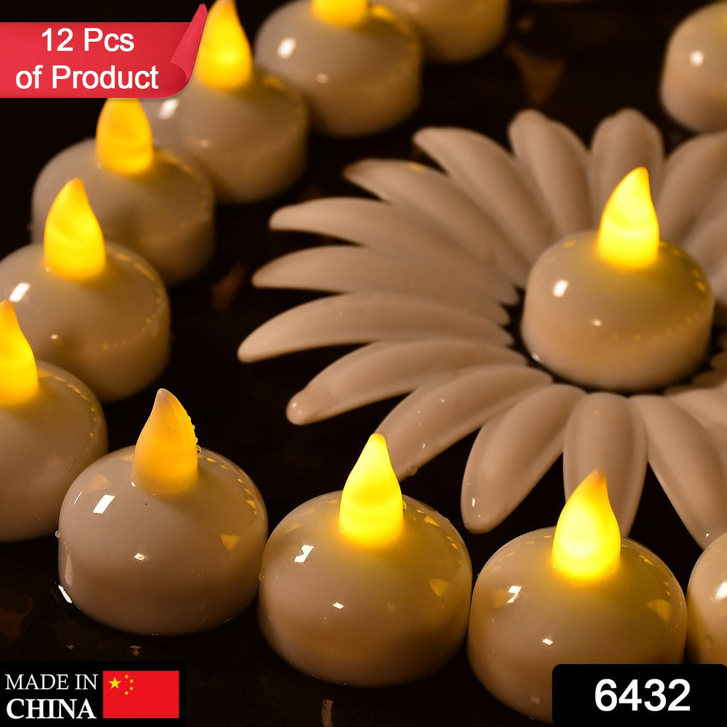 Set of 12 flameless floating battery-operated tea light candles glowing in water, perfect for decorative weddings.