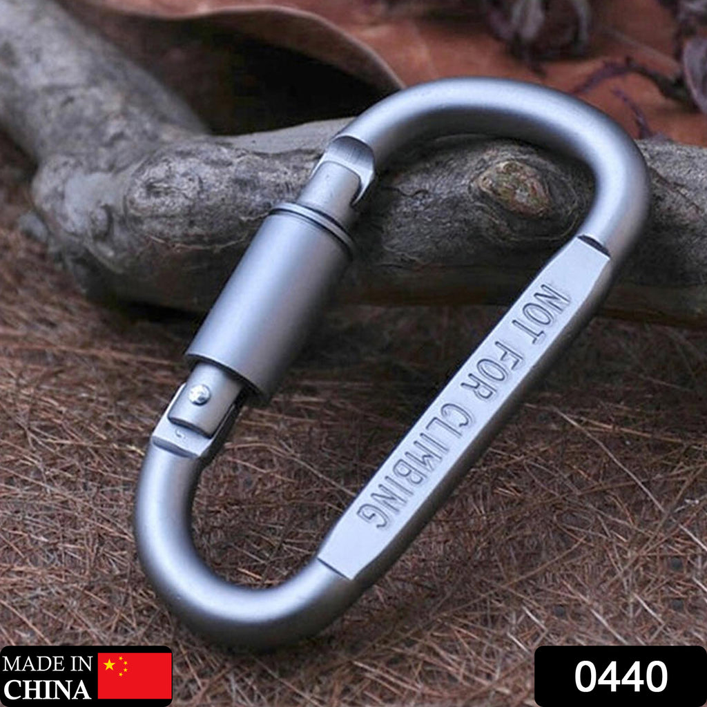 Camping equipment aluminum carabiner lock for hunting, survival, and mountain travel.