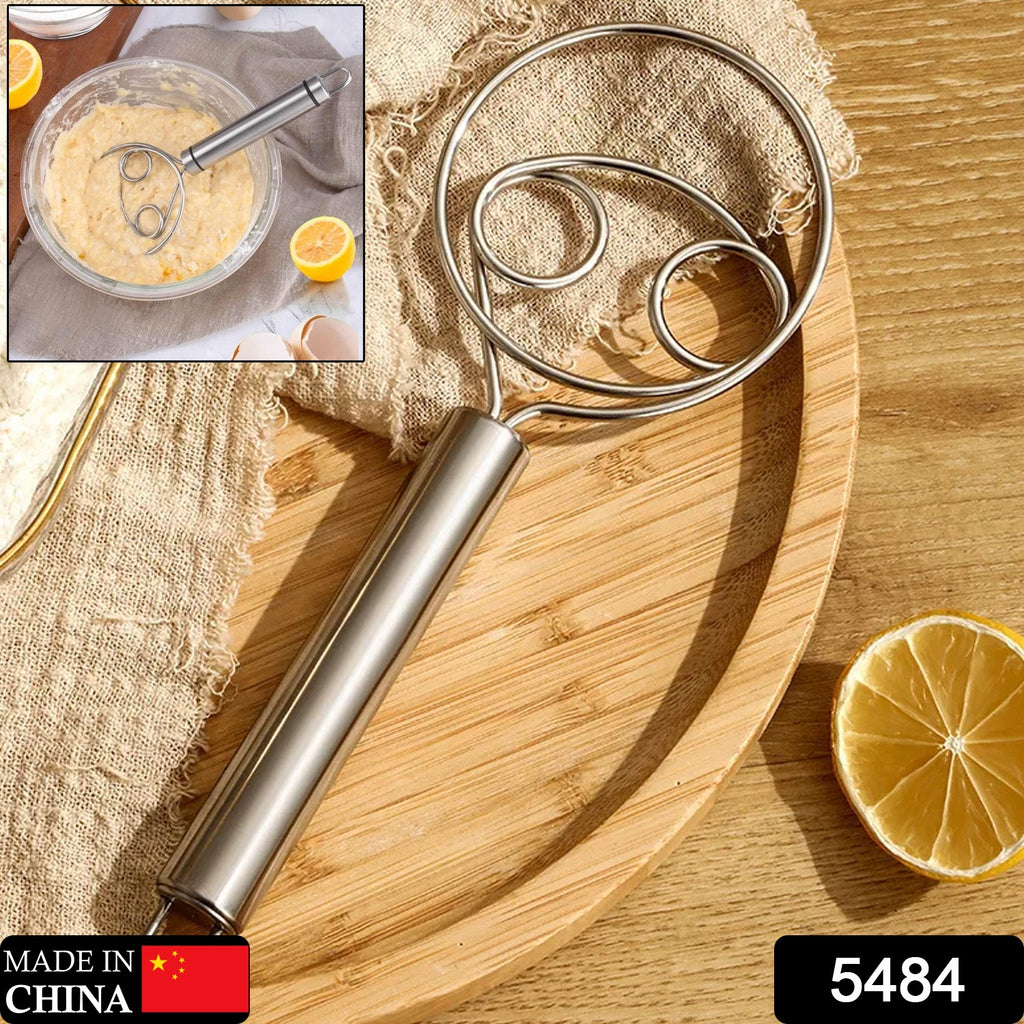 Premium stainless steel Dutch dough whisk blending dough in a bowl, perfect for artisan bread & pastry.