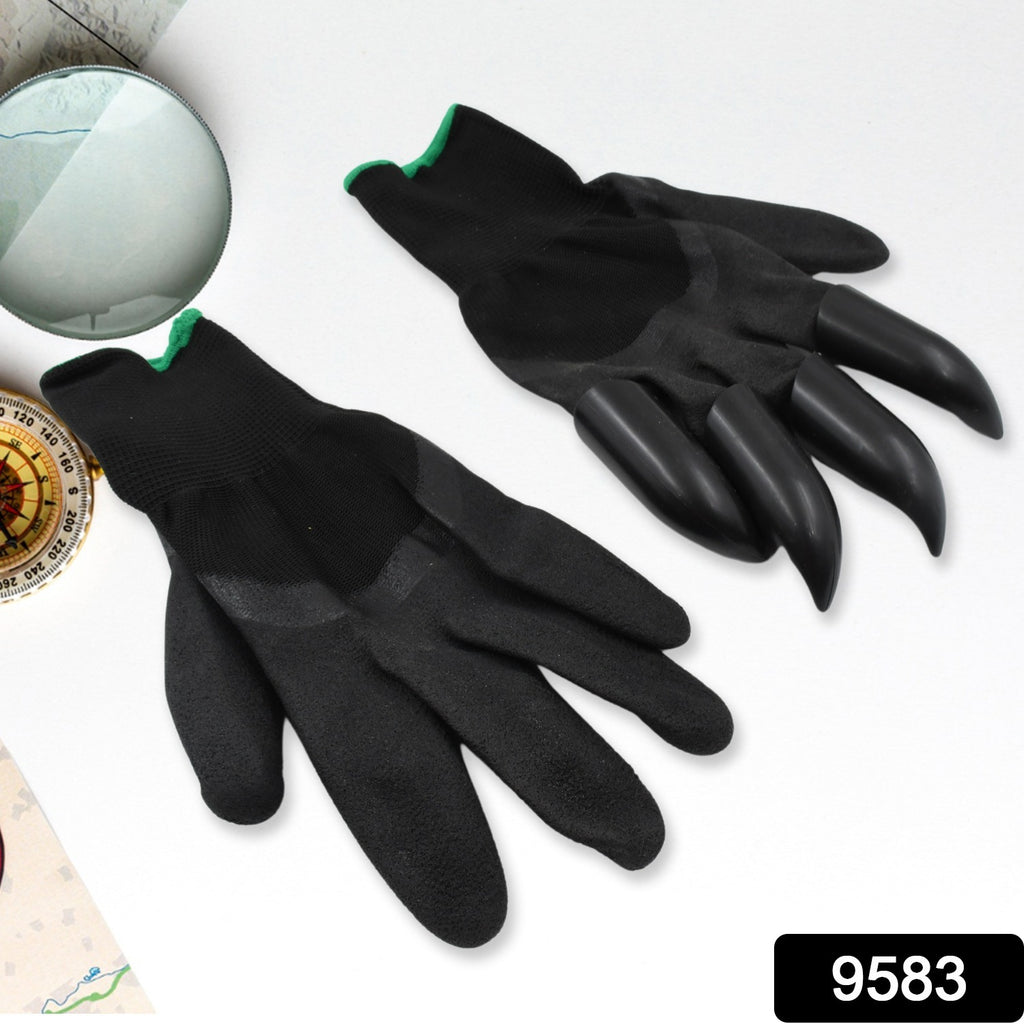 Beige garden gloves with durable green plastic claws on fingertips for digging.