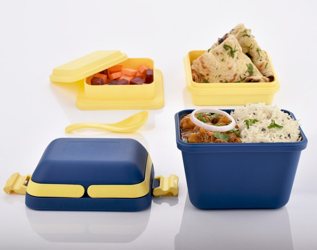 Airtight lunch box with carrying handle and push lock mechanism