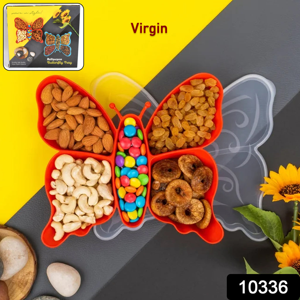 Pink 5-compartment multipurpose butterfly plastic tray holding snacks