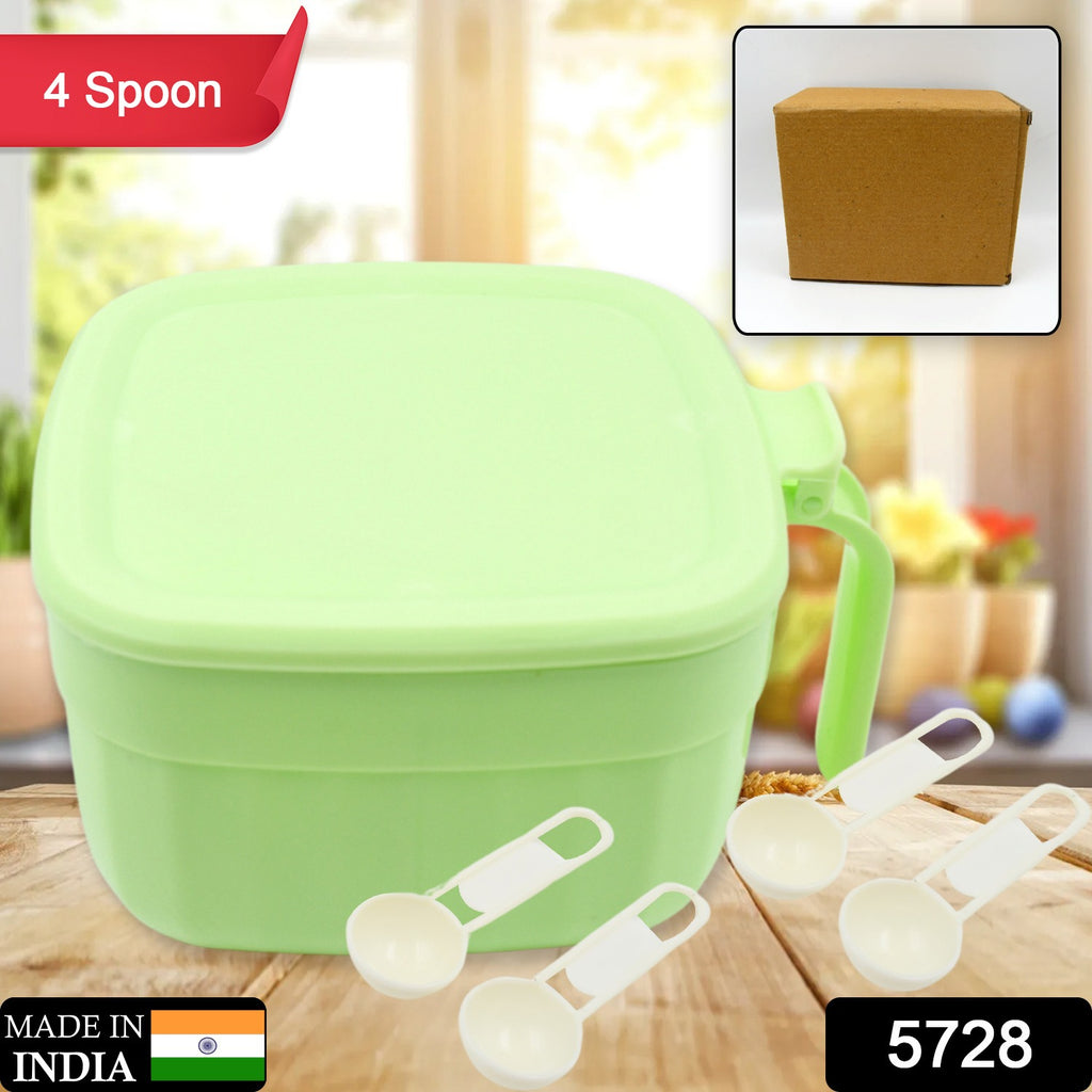 Clear 4-compartment dry fruit & snack storage box with lid & spoons, perfect for kitchen masala or sweets
