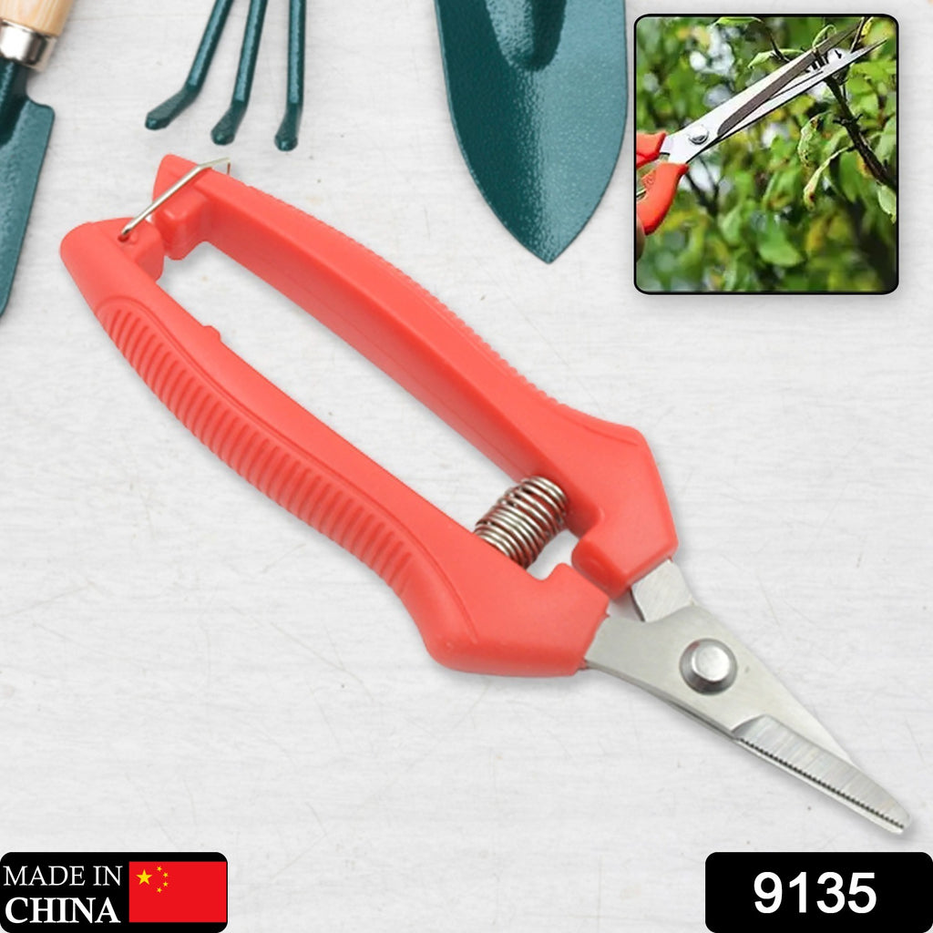 Heavy-duty stainless steel pruning shears with nonslip red handles for gardening and trimming.
