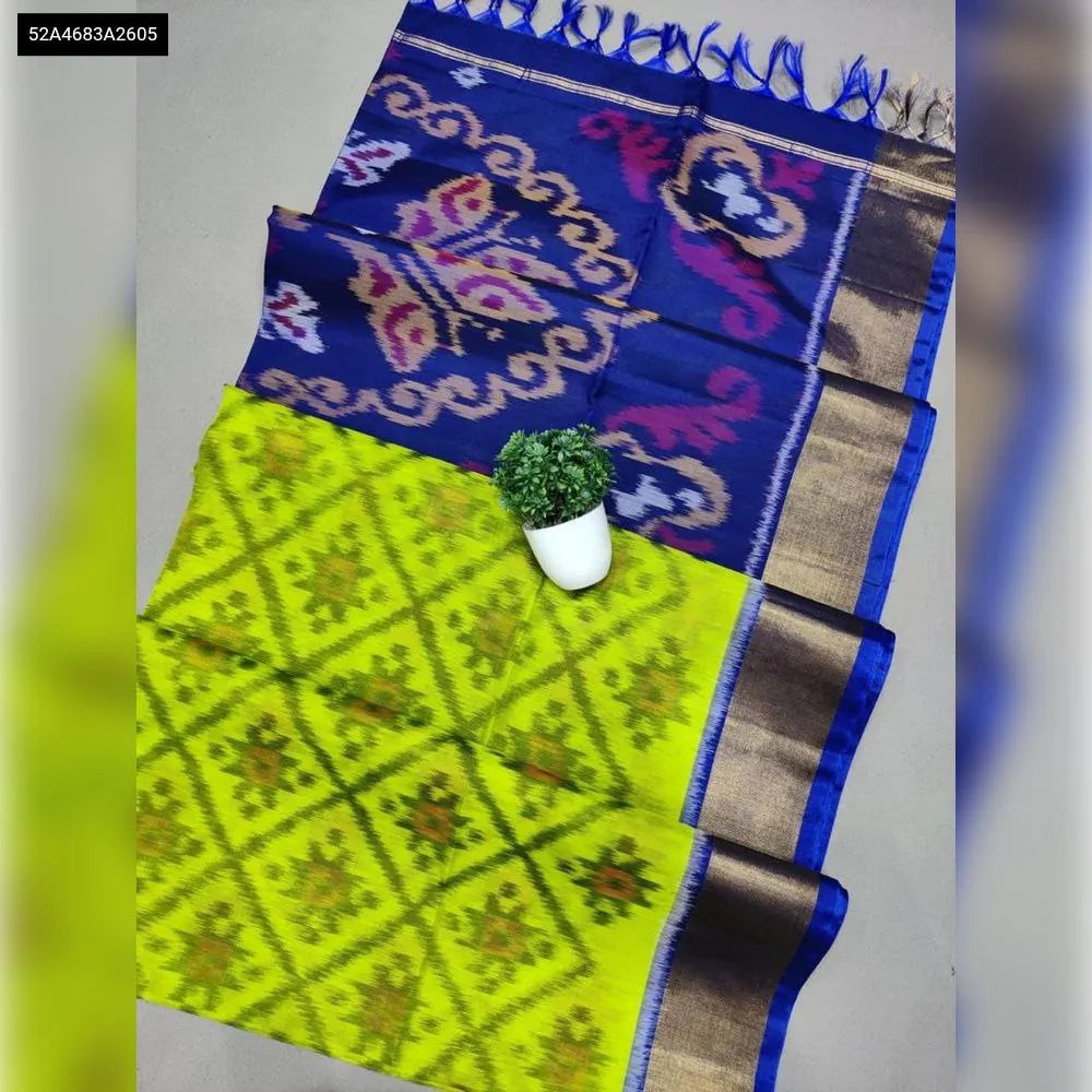 TRENDBUY Royal Blue and Lime Green Ikat Silk Cotton Saree, flat lay