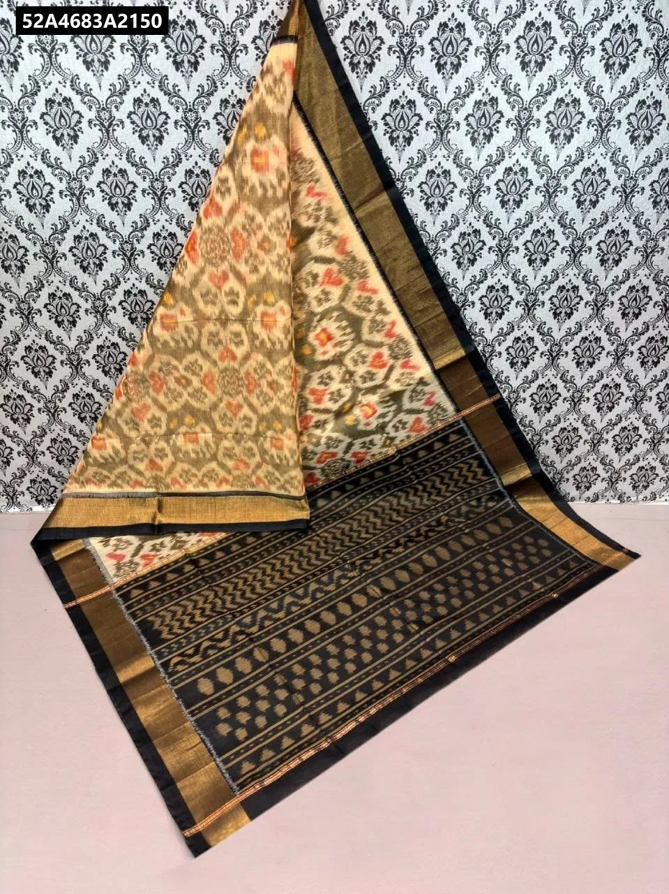 Cream and Black Ikat Silk Cotton Saree, folded display