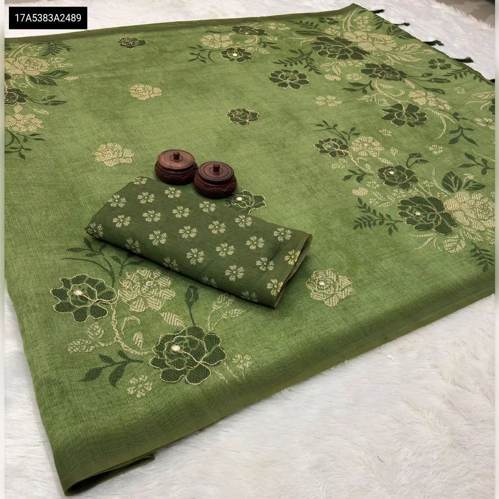 Green Ikkat style digital print cotton slub saree with matching printed blouse by TRENDBUY
