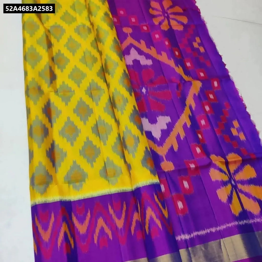 Yellow and Purple Ikkat printed soft silk saree
