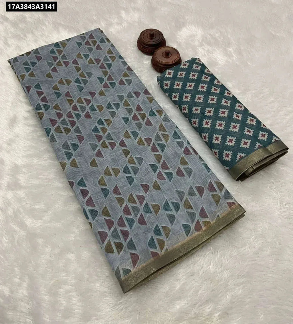 Steel Grey Ikkat Style Digital Print Soft Spun Cotton Slub Saree with zari border and contrast printed blouse piece from TRENDBUY.