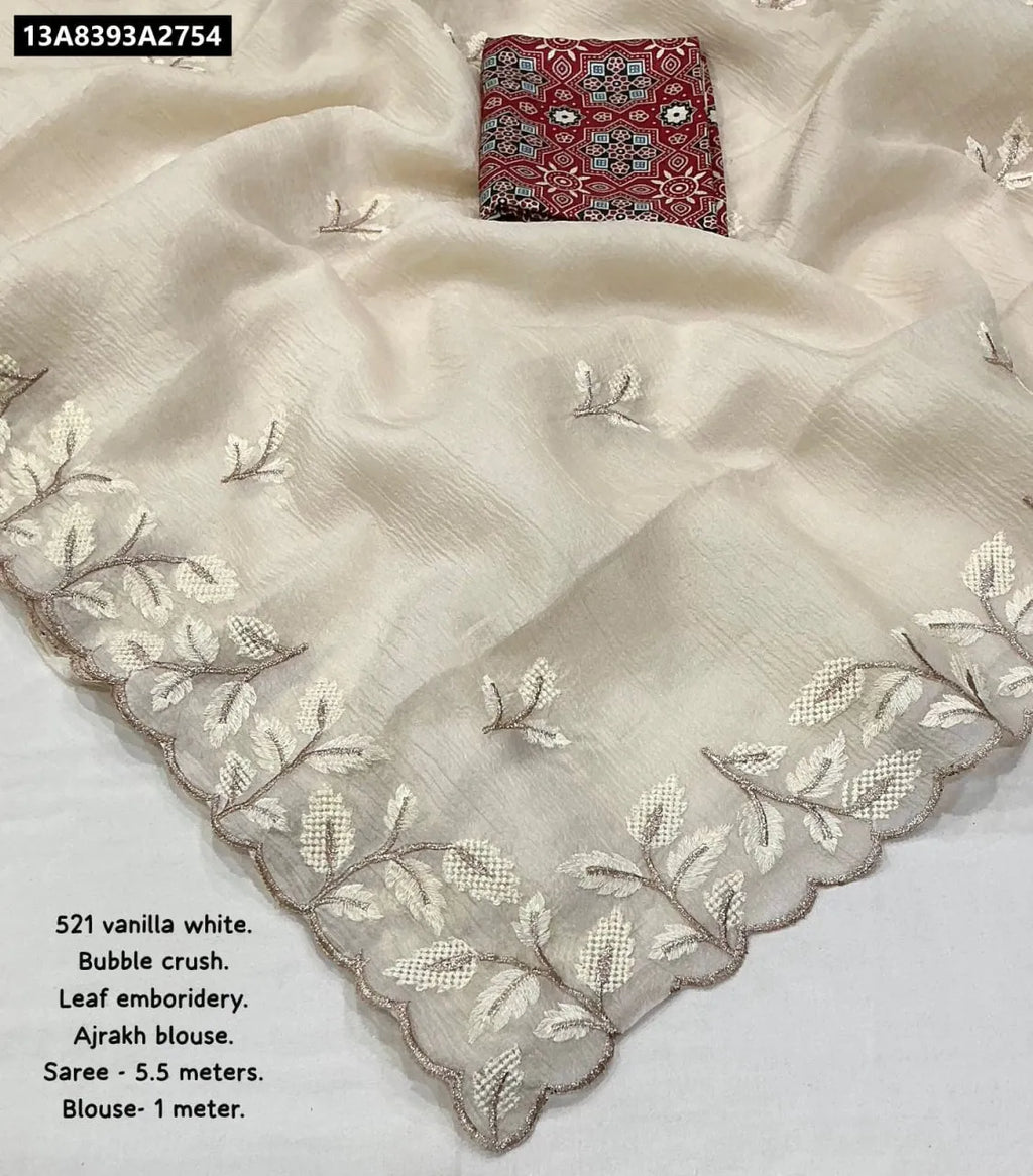 Elegant Ivory Crush Embroidery Saree with Ajrakh Crape Silk Blouse Piece by TRENDBUY