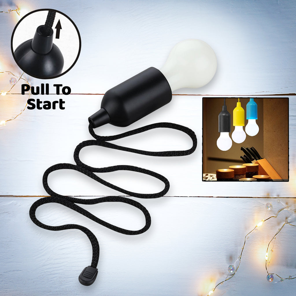 Black LED pull cord light bulb, single, modern design with drawstring